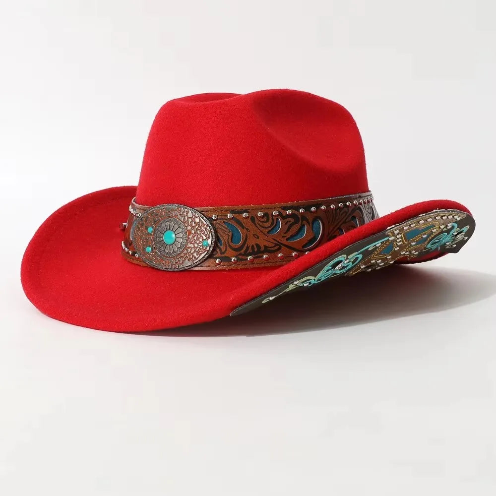 Western Cowboy Hat Turquoise Decor Wide Brim Cowgirl Fedora Western Cowgirl Hat PLUSH Red