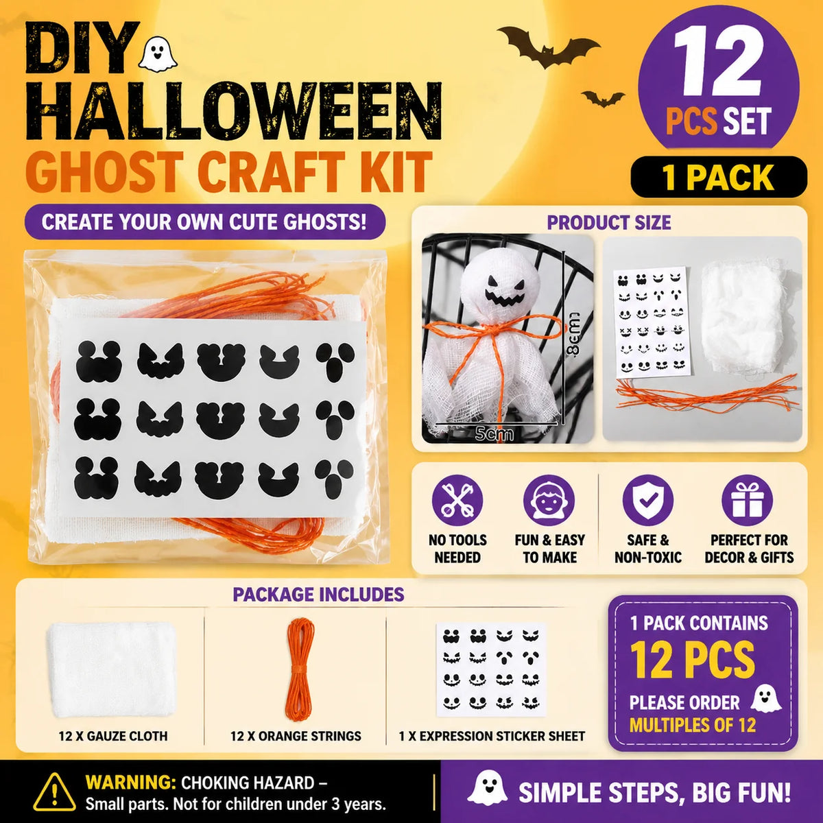 Halloween Ghost DIY Lollipop Craft Kit – Spooky Kids Décor Halloween Craft Kit PLUSH White 12PCS 5Sets