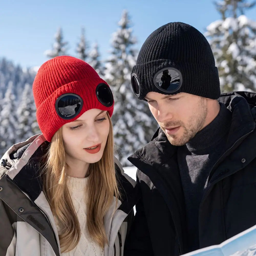 Windproof Knitted Ski Mask Hat with Removable Glasses Ski Mask Hat PLUSH