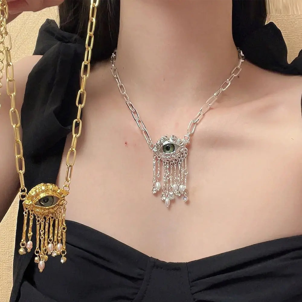 Vintage Demon Eye Tassel Necklace – Imitation Pearl Pendant Pendant Necklace PLUSH