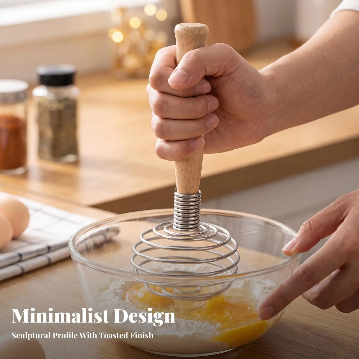 17cm Stainless Steel Coil Hand Whisk with Wooden Handle Kitchen Whisk PLUSH