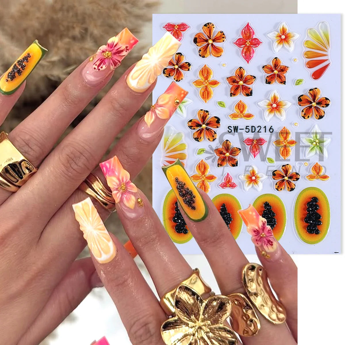 5D Pawpaw Frangipani Nail Embossed Stickers – Summer Decals Nail Art Stickers PLUSH