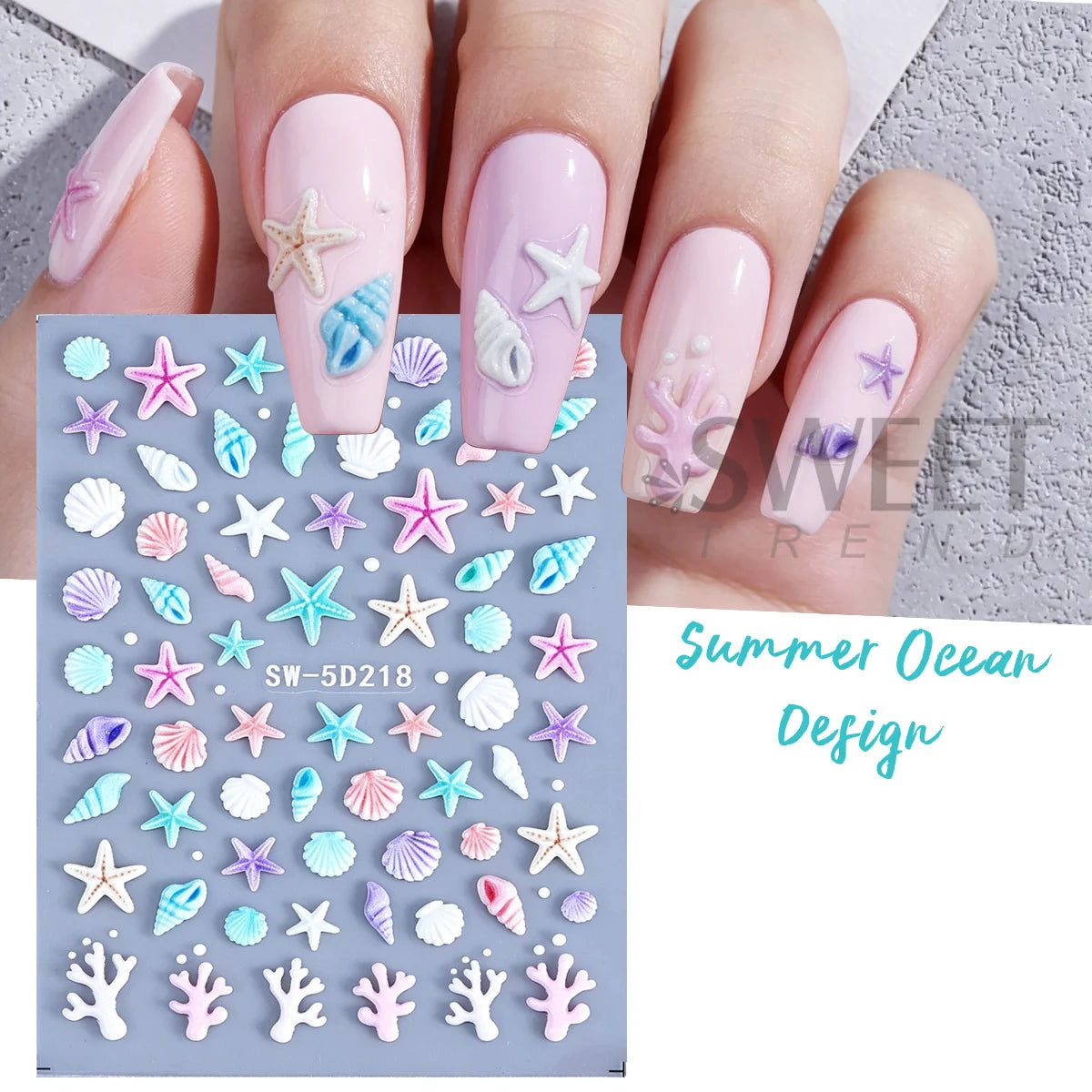 5D Ocean Embossed Nail Stickers – Starfish & Seashell Decals 2pk Nail Art Stickers PLUSH