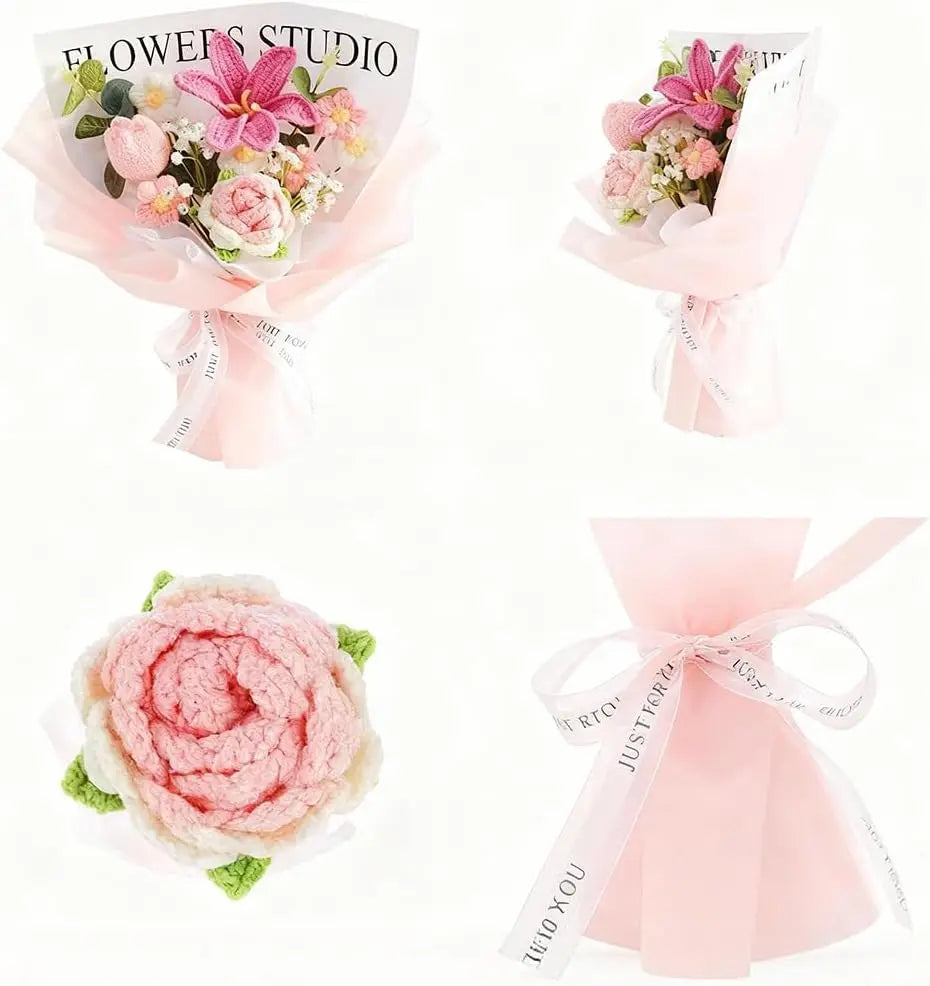 Knitted Crochet Flower Bouquet – Artificial Rose & Carnation Gift Crochet Flower Bouquet PLUSH