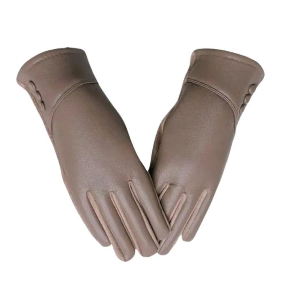 Women's PU Leather Touch Screen Gloves – Warm Cycling Mittens Leather Winter Gloves PLUSH Khaki
