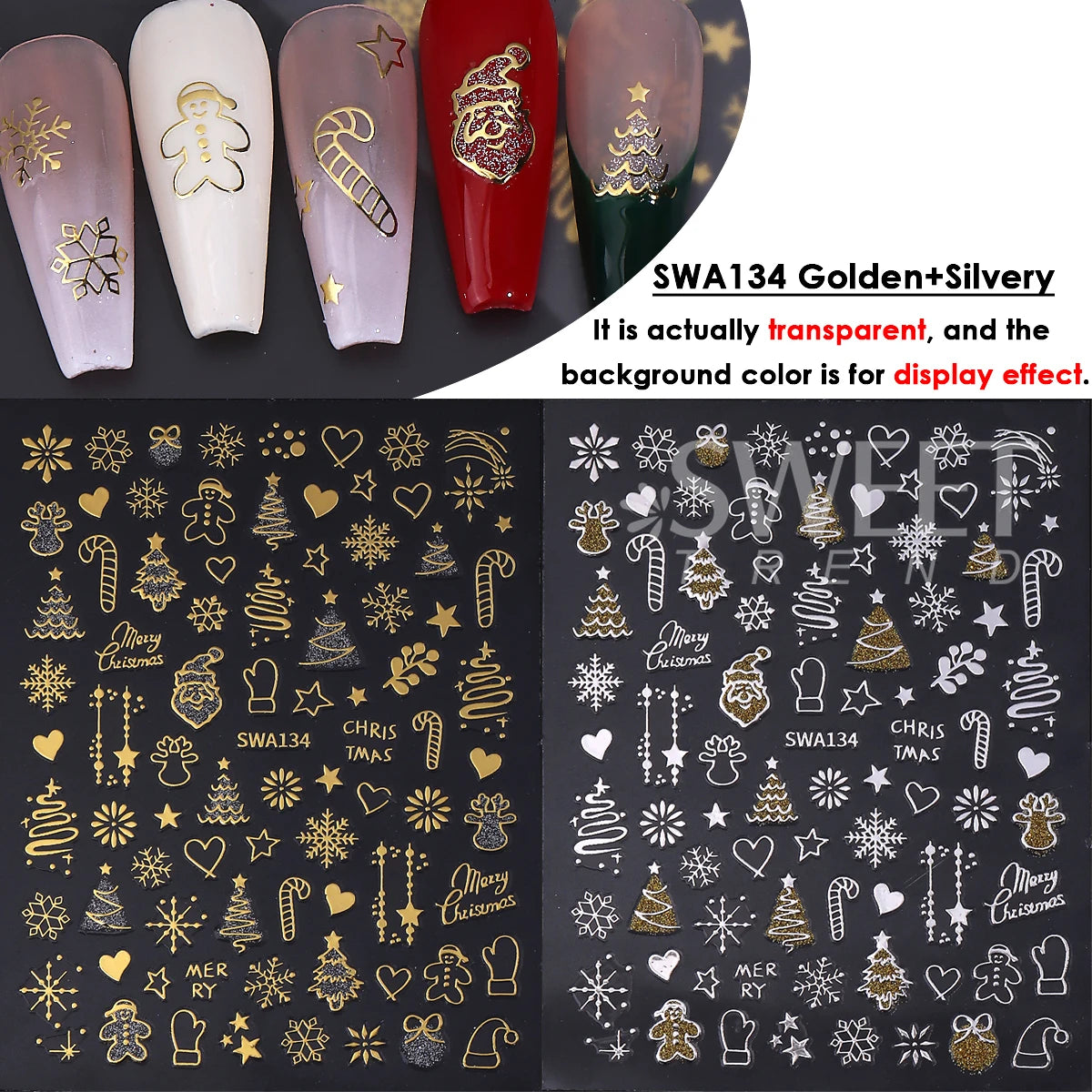 Christmas 3D Nail Stickers Gold Silver Glitter Xmas Decals 2pcs Nail Art Stickers PLUSH SWA134 Gold Silver