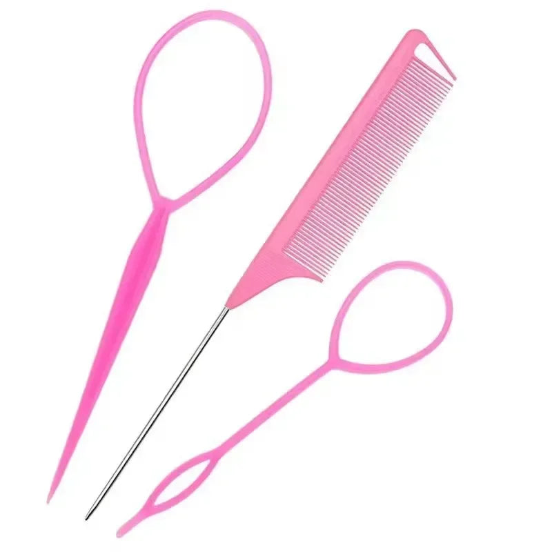 Hair Styling Set – Rubber Bands, Cutter & Rat Tail Comb Kit Hair Styling Kit PLUSH Pink 3Pcs Set
