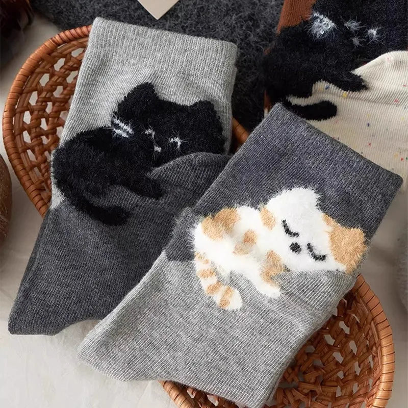 Women's Cute Cat Mid-Calf Stacked Socks – Korean Style Set Mid-Calf Socks PLUSH