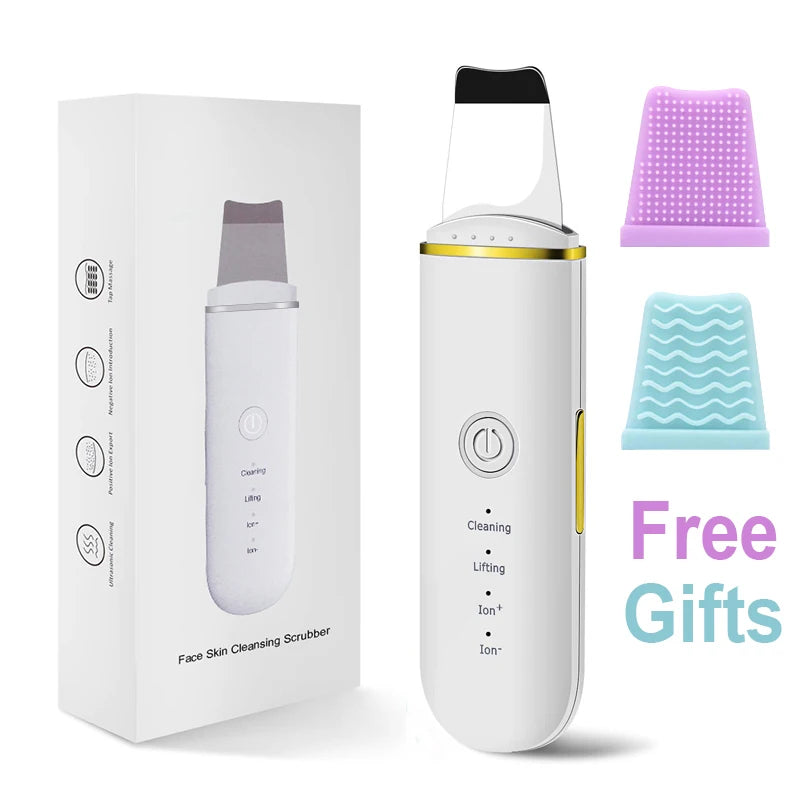 Ultrasonic Skin Scrubber Face Spatula – Cavitation Peeling Tool Facial Cleansing Device PLUSH White-Gold