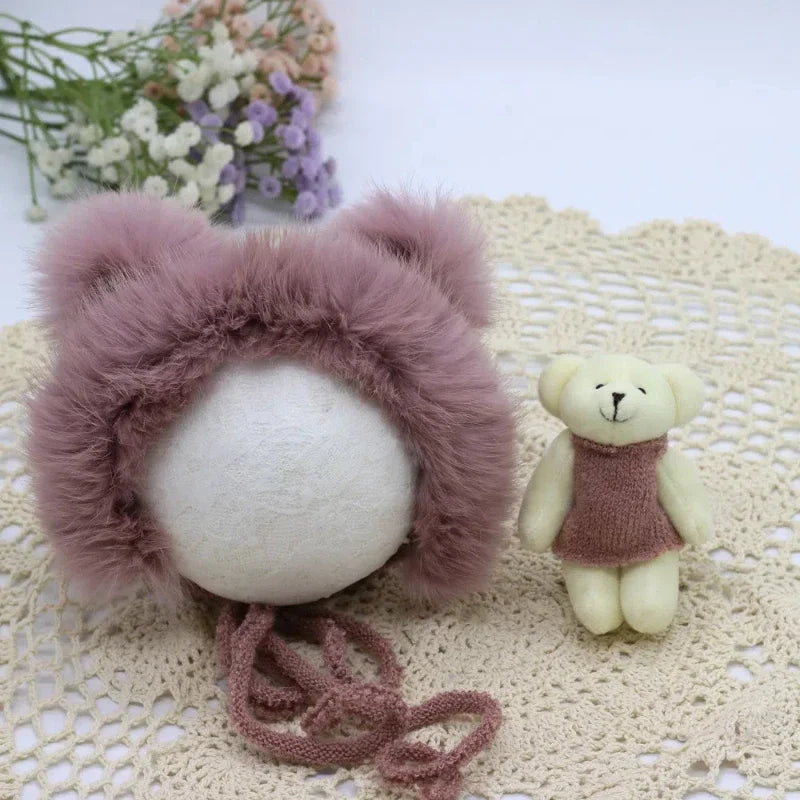 Newborn Photography Props Set – Rabbit Fur Hat & Teddy Bear Newborn Photo Props PLUSH