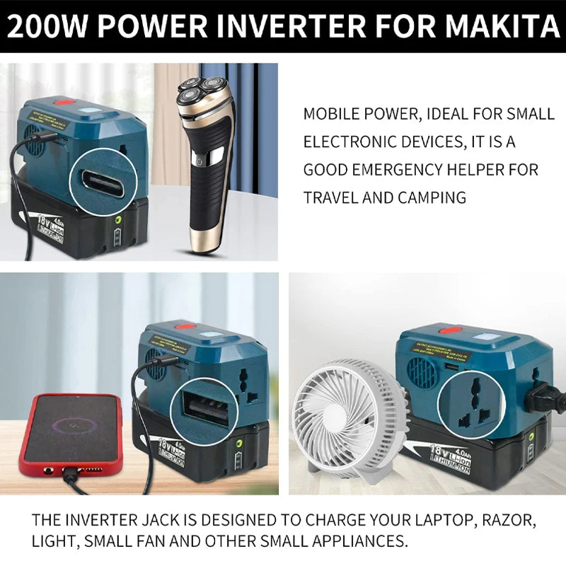 ZWINCKY 200W Makita 18V Battery Inverter – 110V/220V Portable Portable Power Inverter PLUSH