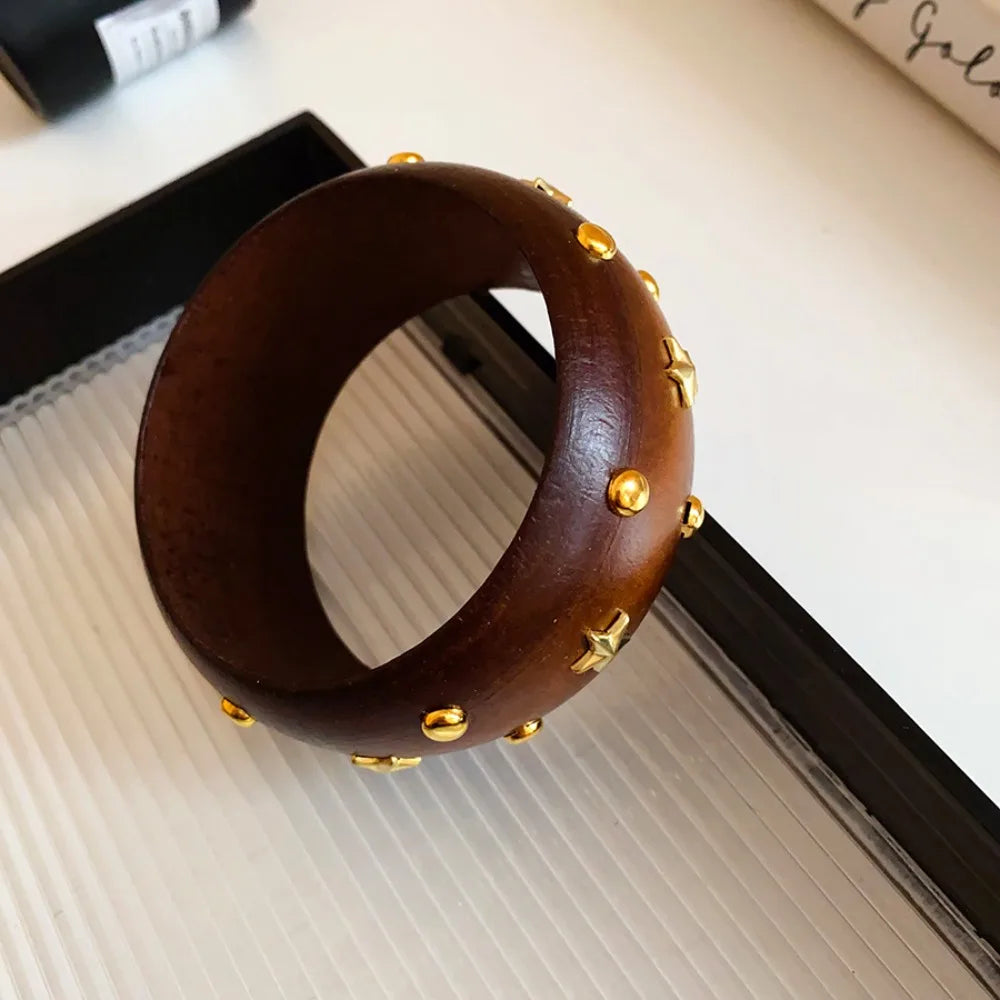 Chinese Style Wooden Bangle – Punk Y2K Wide Rivet Bracelet Wooden Bangle Bracelet PLUSH Style D