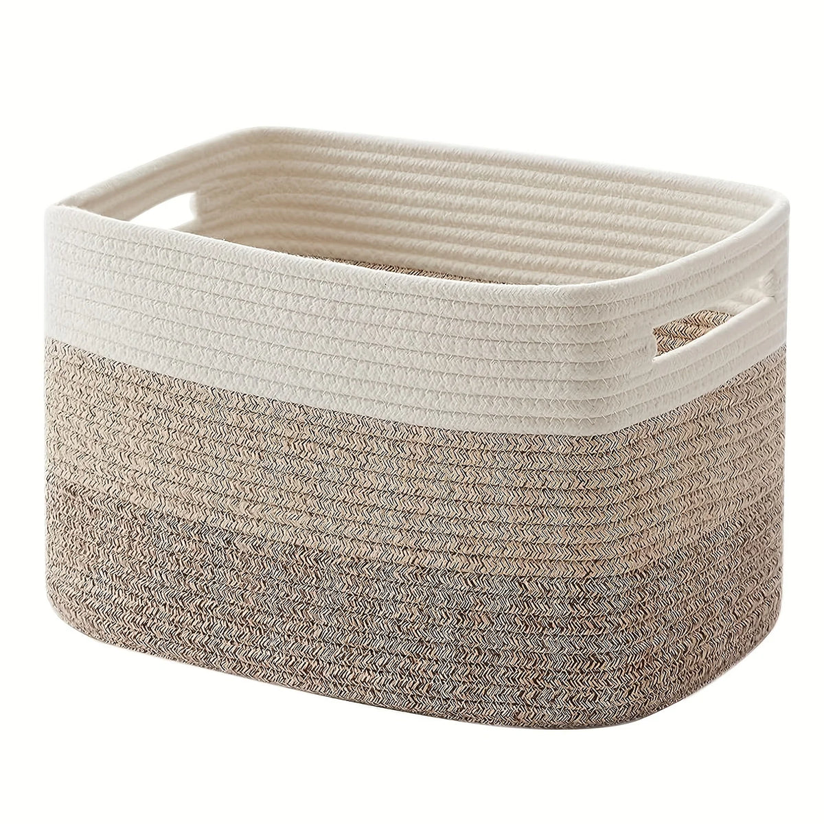 Woven Cotton Rope Storage Basket with Handles – Rectangular Woven Storage Basket PLUSH Brown and White