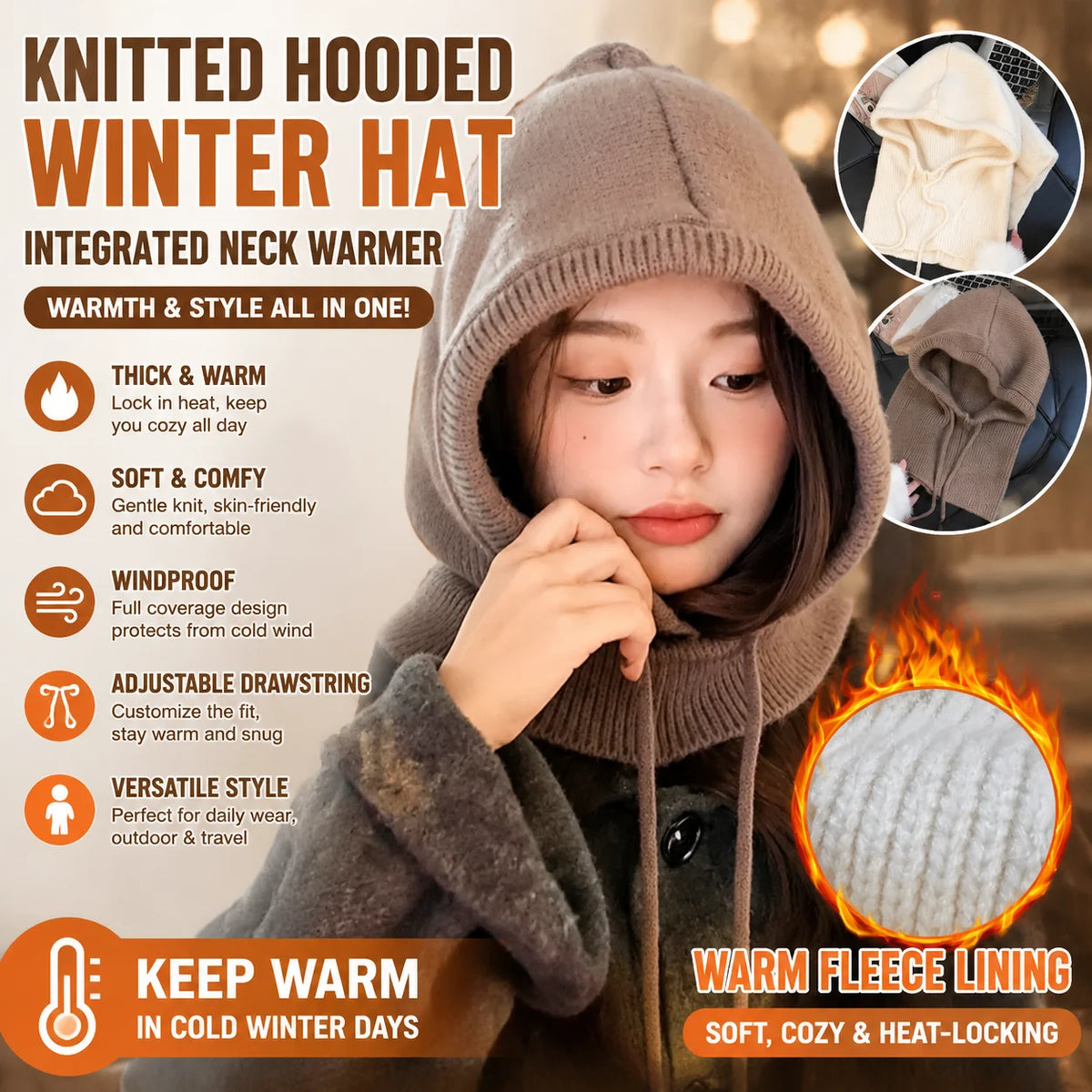 Women's Knit Hooded Beanie & Integrated Neck Warmer Hat Winter Knit Beanie PLUSH