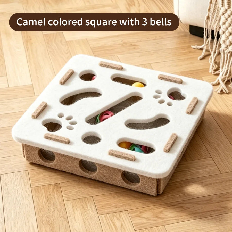 Felt Cat Puzzle Maze Toy – Bell Balls & Scratching Strips Cat Puzzle Toy PLUSH square off-white