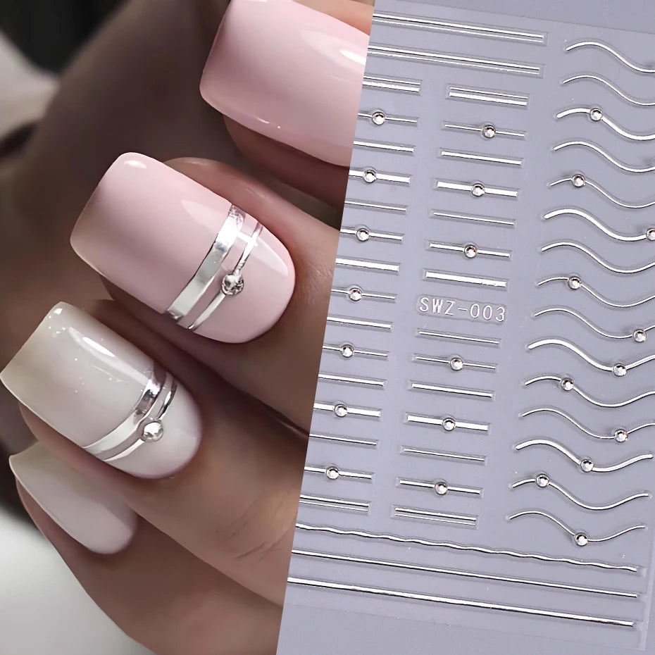 French Line Nail Stickers with Rhinestones Gold Silver 2/3pcs Nail Art Stickers PLUSH