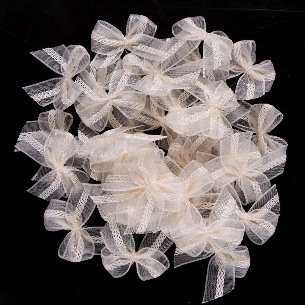 30pcs Mini Mesh Ribbon Bows – Multicolor Lace Bowknot DIY Ribbon Bow Embellishments PLUSH Beige 2.5X2.5cm