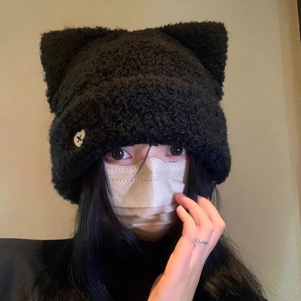 Fluffy Cat Ear Beanie Hat – Soft Plush Knit Winter Cap Plush Beanie Hat PLUSH
