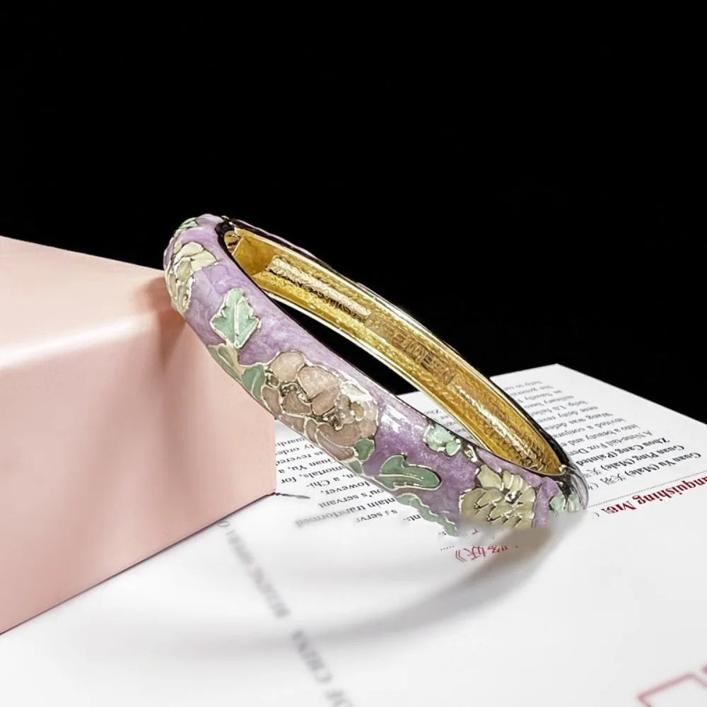 Chinese Cloisonné Enamel Peony Double Bangle Bracelet for Women Enamel Bangle Bracelet PLUSH purple